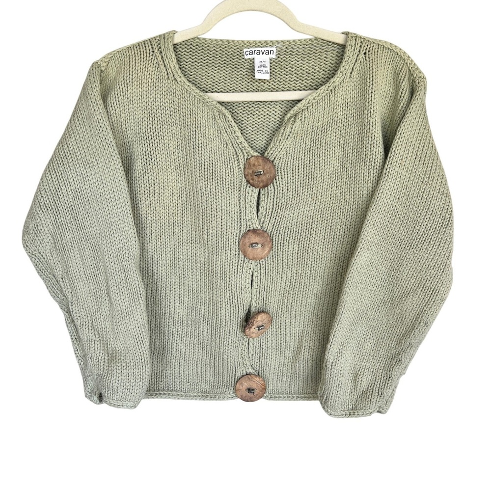 Caravan Sage Green‎ 100% Cotton Chunky Knit Button Front Cardigan Sweater XS/S